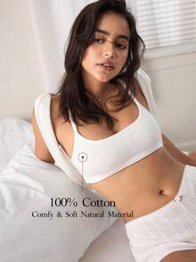Ocili 100%纯棉柔软提花简约波西米亚纯色舒适女士文胸内衣 - 白色 - 查看 1