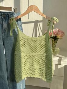 Comfortcana 大尺碼網紗鏤空繫帶針織細肩帶背心 萊姆綠 夏季可愛波希米亞風 度假郵輪約會穿搭 - 綠色 - 查看 2