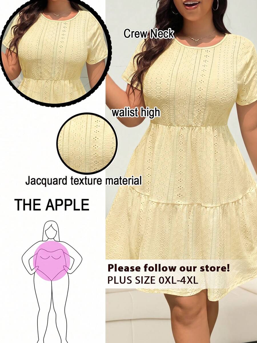 Solflare Plus Size Women's Ruffle Hem Jacquard Round Neck Short Sleeve Dress - Pale Yellow - View 1