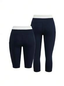 SHEIN Cheerettes Contrast Waistband Seamless Athletic Leggings - Navy Blue - View 4