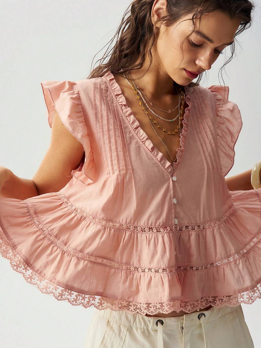Bohemela Women's Summer Pink Woven Babydoll V-Neck Blouse,Ruffle + Lace Patchwork,Beach/Vacation/Festival/Party,Juneteenth,World Cup - Baby Pink - View 1