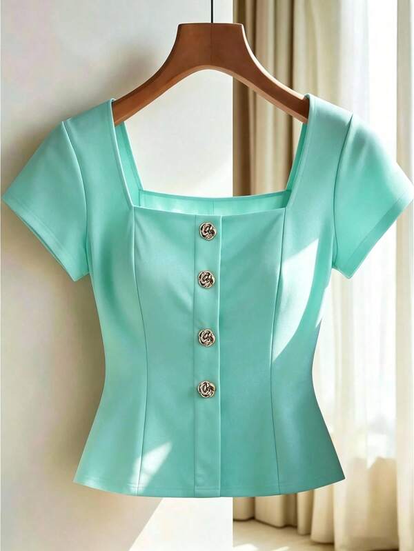Franclia Plus Size Summer Casual Elegant Versatile Solid Color Short Sleeve T-Shirt Office Formal Navy Blue