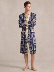 EverLounge Bata de estar en casa para hombre con cuello de kimono y estampado - Azul Marino - Ver 4