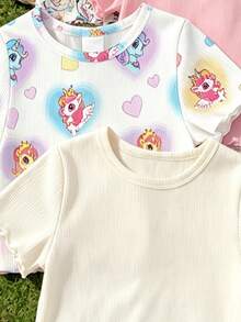 [4 Potong] Set Kaos Lengan Pendek Motif Unicorn Lucu untuk Bayi Perempuan, Gaya Kasual, Sekolah / Jalan-jalan, Musim Panas / Musim Semi & Musim Gugur. - MultiWarna - View 7
