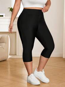 SHEIN CURVE+ Women's Super Soft Cropped Pants In Plus Size For Summer, Made Of Cool Fabric Cropped Pants Gym Brown - Black - View 6