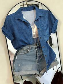 EMERY ROSE Plus Size Contrast Color Vertical Striped Collar Rolled Cuff Short Sleeve Shirt - Blue - View 4