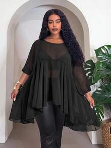 Slaydiva Black Chiffon Ruffle Flare Sleeve Loose Fit Blouse Beach Vacation Vacation Vacation Autumn Sexy Fall - Black - View 3