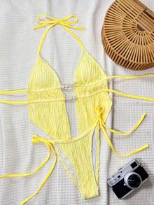 BamGleam Conjunto de bikini de playa para mujer de verano, tela jacquard lisa, tirantes, espalda descubierta, triángulo, cordón ajustable, halter, sexy y lindo, traje de baño separado para vacaciones - Amarillo - Ver 8