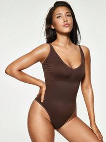 SHAPORA Faja modeladora estilo top con Body unicolor para mujer, para uso casual - Café integral - Ver 4