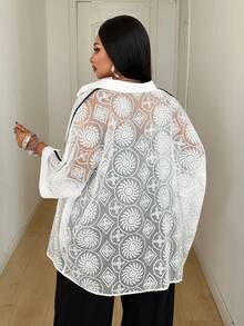 Maweii French Vintage Hollow Out Blouse, Slouchy Plus Size Loose Batwing Sleeve Mid-Length Shirt - White - View 3