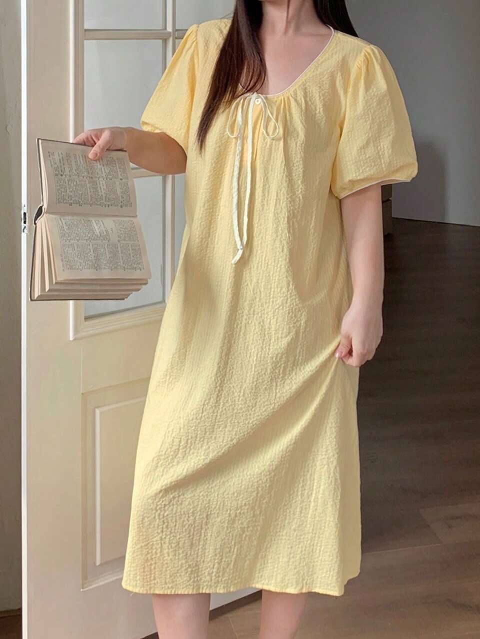 Dazy Plus Plus Size Women's Yellow Casual Loose Long Maxi Home Dress With Large Scoop Neck, Tie-Up, Puff Short Sleeves, Spring/Summer Sleepwear