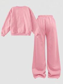 SHEIN Girlism Tween女孩秋冬休閒保暖內裡加厚運動衫套裝，紐約市印花圓領落肩長袖套頭衫與緊身印花牙籤褶皺寬腿直筒運動長褲套裝，2件式運動衫套裝，麻灰色，秋冬穿著 - 粉色 - 查看 2