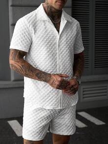 SLATEMANN Men's Solid Color Textured Shirt And Shorts Set, Ceremony - White - View 4