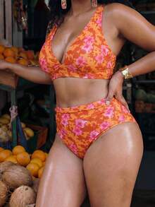 Swim Mod 2026 New Summer Plus Size Women 2pcs Set Random Print High Waist Triangle Bikini Bottom Ruched Casual Swimsuit - Orange - View 3