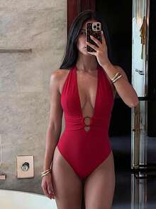 Bonvoyette Summer Beach Women's Vacation Solid Color Maillard One-Piece Swimsuit, Tummy Control Slimming High Cut Sexy One-Piece - Burgundy - View 5