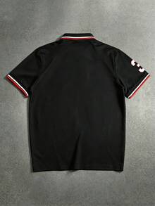STYNVO 男士刺繡條紋對比色半開襟鈕扣短袖 Polo 衫，儀式款 - 黑色 - 查看 2