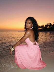 Slaydiva Vacation Beach Solid Color Backless Halter Neck Dress - Pink - View 8
