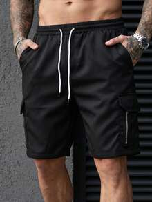 Manfinity CasualCool American Techwear Style Cargo Shorts For Men, Black Drawstring Waist, Multi-Pocket Zipper, Summer Thin Casual 5-Point Pants - Black - View 6