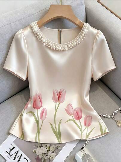 Franclia Elegant Casual Round Neck Pearl Embellished Printed Short Sleeve Blouse, Suitable For Summer Vacation, Travel, And Office Wear
