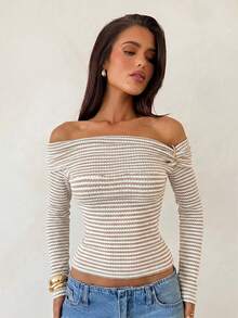 Aloruh Apricot Striped Knit Long Sleeve Fitted T-Shirt Top With Off-Shoulder - Apricot - View 6