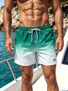 Manfinity Swimmode Men's Drawstring Waist Pocket Gradient Color Casual Vacation Beach Shorts, Holiday - Dark Green - View 3