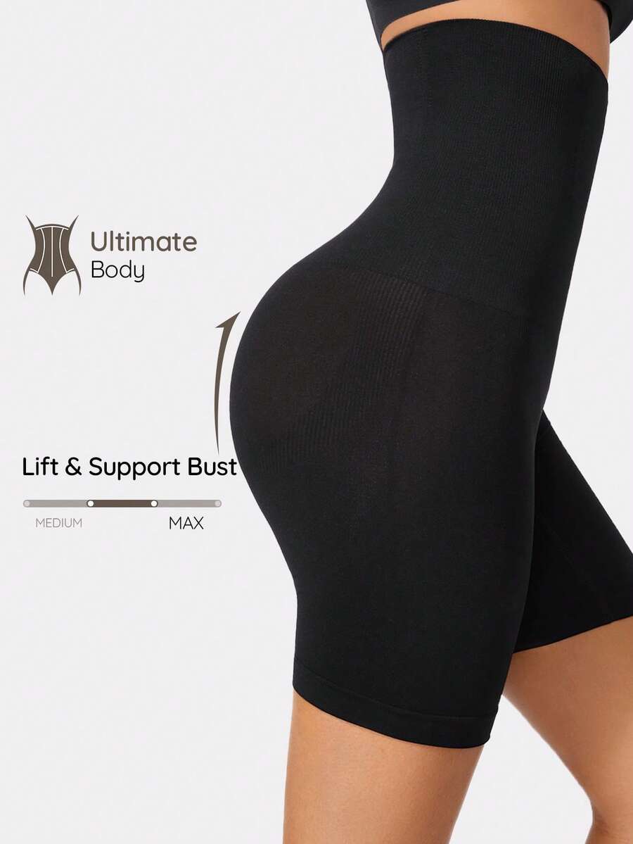 SHAPORA Pantalones Cortos Moldeadores De Cintura Alta De Color Liso - Negro - Ver 1