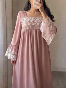 Yasmyna 女士蕾丝拼接荷叶边休闲派对外出阿拉伯风格连衣裙 - 粉色 - 查看 2
