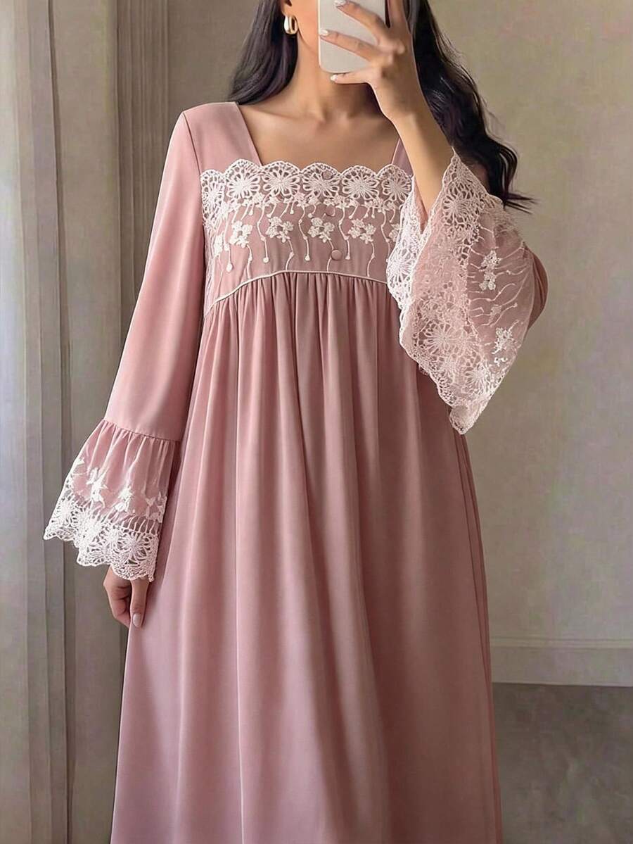 Yasmyna 女士蕾丝拼接荷叶边休闲派对外出阿拉伯风格连衣裙