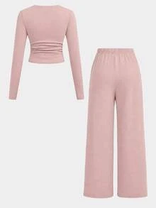 SHEIN Tween Girls Versatile Bow Pattern Long Sleeve Long Pants Light Gray 2 Pieces Set - Pink - View 2