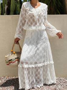 Livesso Summer Hollow-Out Style Top And Women's Semi-Transparent Loose Top With Floor-Length Skirt, Vacation Beach Style 2 Pieces Set White Tropical - White - View 6