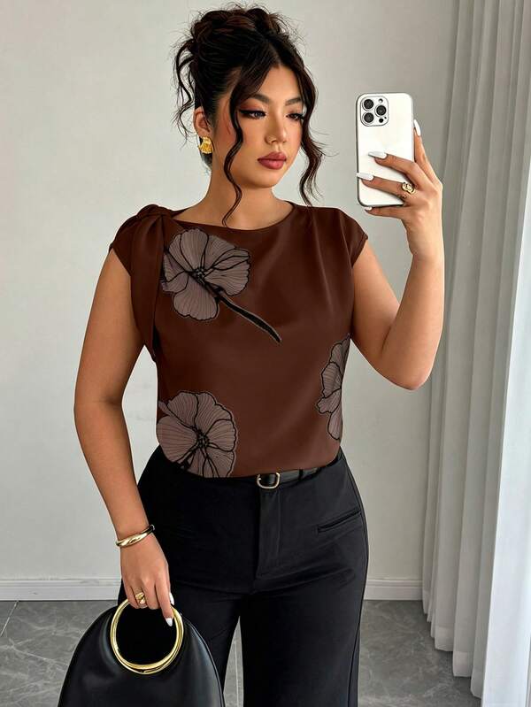 Elenzga Women's Plus Size Spring/Summer Elegant Streetwear Neckline Tie Decor Contrast Color 3D Flower Shoulder Sleeve Round Neck Blouse Chic