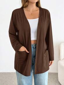 SHEIN Essnce Plus-Size Women's Spring/Summer Fashion Casual Loose Comfortable Basic Versatile Long-Sleeved Black Cardigan,Spring Outfits,Simple Style ,Work Tops - Brown - View 6