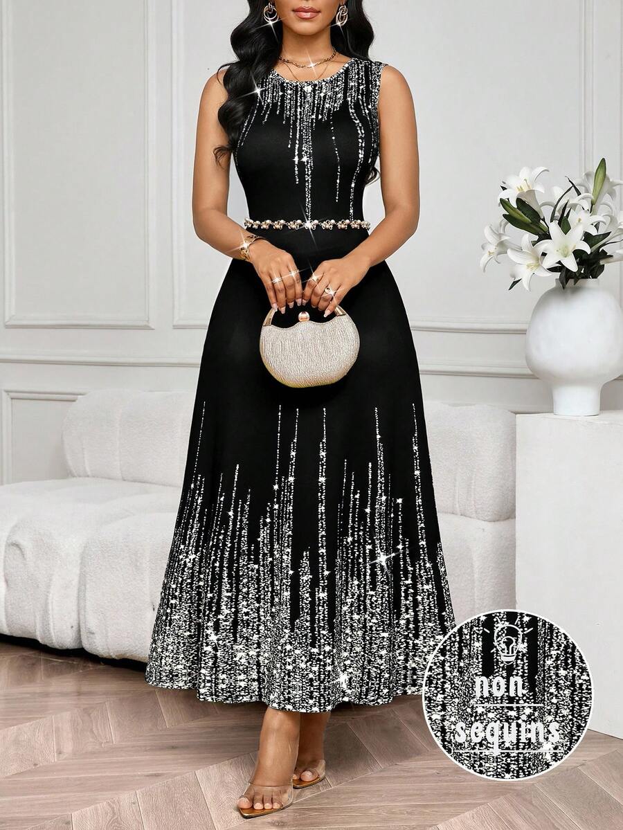 SHEIN Lady 女士优雅水钻装饰无袖连衣裙 - 銀色 - 查看 1