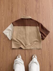 SWAVVY Men's Spring/Summer Patchwork Corduroy Short Sleeve Shirt - Khaki - View 3
