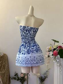 Noixe Women's Vacation Cashew Pattern Fashion Boho Tropical Strapless Short Dress Beach White And Blue Floral Summer - Blue - View 2