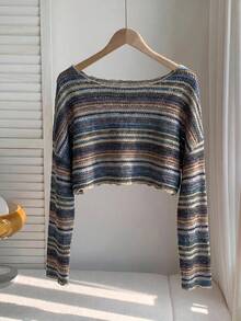 SHEIN EZwear 大尺碼女款條紋拼色休閒復古優雅百搭長袖T恤，適合日常穿著、秋季早午餐、生日與晚宴，藍色 - 藍色 - 查看 2