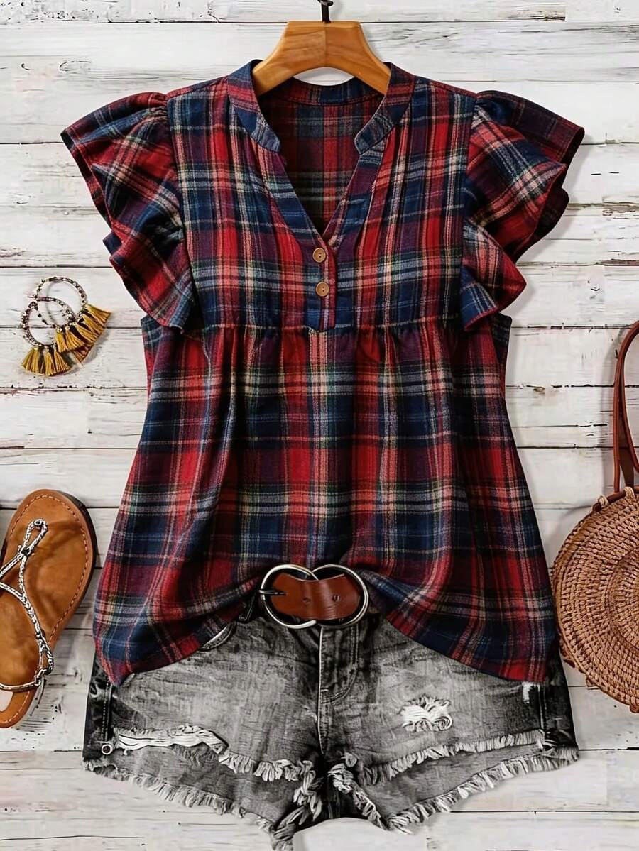 Linhara Blus Wanita Ukuran Besar Model Terbaru Musim Panas Motif Kotak-kotak Merah Retro Lengan Pendek Bergelombang - Merah - View 1