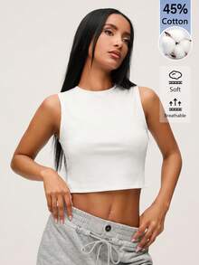 SHEIN BASICS 女款素色修身百搭日常外出短版上衣 - 白色 - 查看 6