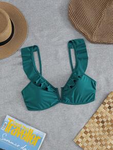 Swim Basics 新款歐美女款性感時尚極簡純色荷葉邊抓皺深V領露背綁帶上衣 - 綠色 - 查看 6