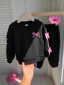 SHEIN 女嬰針織圓領 3D 蝴蝶結休閒抓毛刷毛衛衣與加厚長褲 2 件套，適合秋冬 - 黑色 - 查看 7