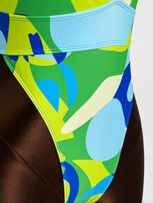 Zestiva Spring/Summer Green Colorblock Print Deep V-Neck Backless High-Cut Skirt Set Viral Hot Style Beach Party Vacation One-Piece Swimsuit With Mesh Skirt - Multicolor - View 7