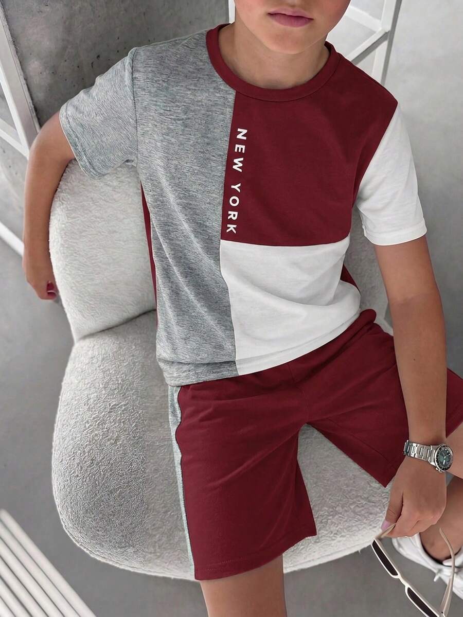 SHEIN 2pcs/Set Kids Tween Boy Casual Colorblock Crew Neck Short Sleeve T-Shirt & Shorts Set, Suitable For Commuting, School, Daily Casual, Sports, Spring/Summer, Beach Vacation - Burgundy - View 1