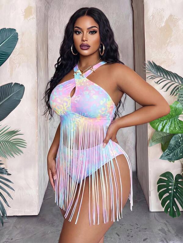 Maweii 2026 Nuevo Top de Bikini para Mujer Talla Grande con Diseño de Borlas y Estampado de Leopardo Colorido para Vacaciones de Playa en Verano