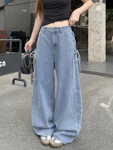 FRIFUL Women's Side Eyelet Lace-Up Wide Leg Loose Casual Denim Jeans School - Blue - View 4