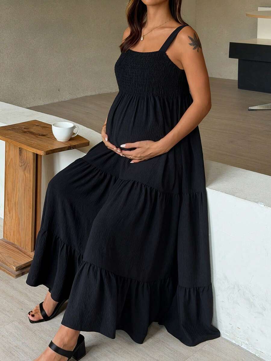 Dazy Maternity 純色雪紡抽褶肩帶長洋裝 日常A字版型黑色春夏季孕婦長裙 - 黑色 - 查看 1