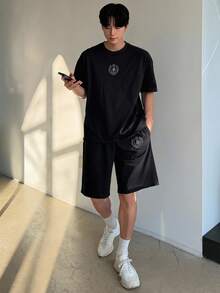 DAZY Summer Letter Print Black Short Sleeve T-Shirt And Shorts Set For Men - Black - View 4