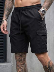 Manfinity CasualCool 男士寬鬆休閒黑色工裝短褲，大口袋設計，彈性抽繩腰帶 - 黑色 - 查看 3