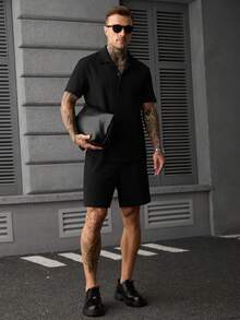 SLATEMANN Men's Solid Color Single-Breasted Short Sleeve Shirt And Shorts Casual Daily Set - Black - View 3