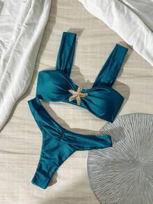 Swim Chiccia 女款夏季純色粗肩帶金屬飾件度假泳衣套裝 - 水鴨藍 - 查看 4