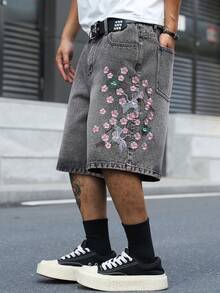 Manfinity EMRG 男士街頭風休閒刺繡灰色牛仔短褲 - 灰色 - 查看 8